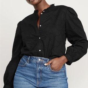 Old Navy Women’s Black Long Sleeve Collarless Embroidered Button-Down Shirt NWT